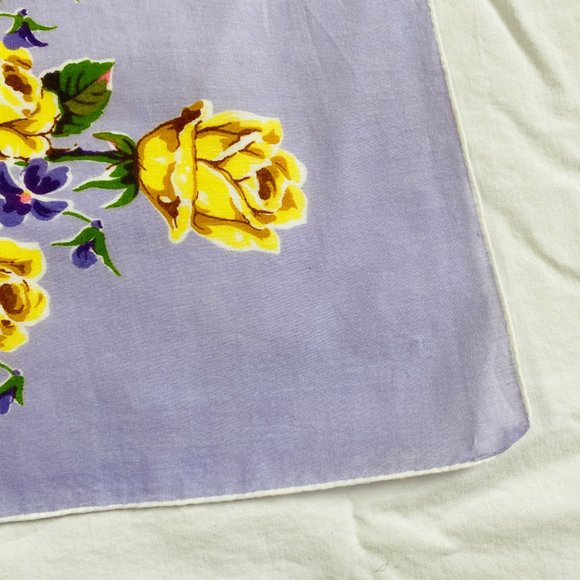 Vintage MCM Handkerchief Floral Bouquet Purple Violets Yellow Roses Rolled Edge - Picture 3 of 7